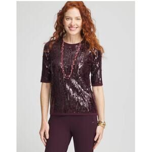 Chico’s Plum Sequin Short Sleeve Sweater Size 1 M Sparkle Party Top